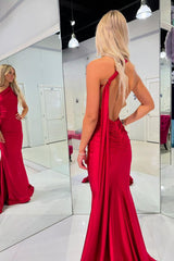Long Red Satin Mermaid Prom Dress with One Shoulder and Open Back