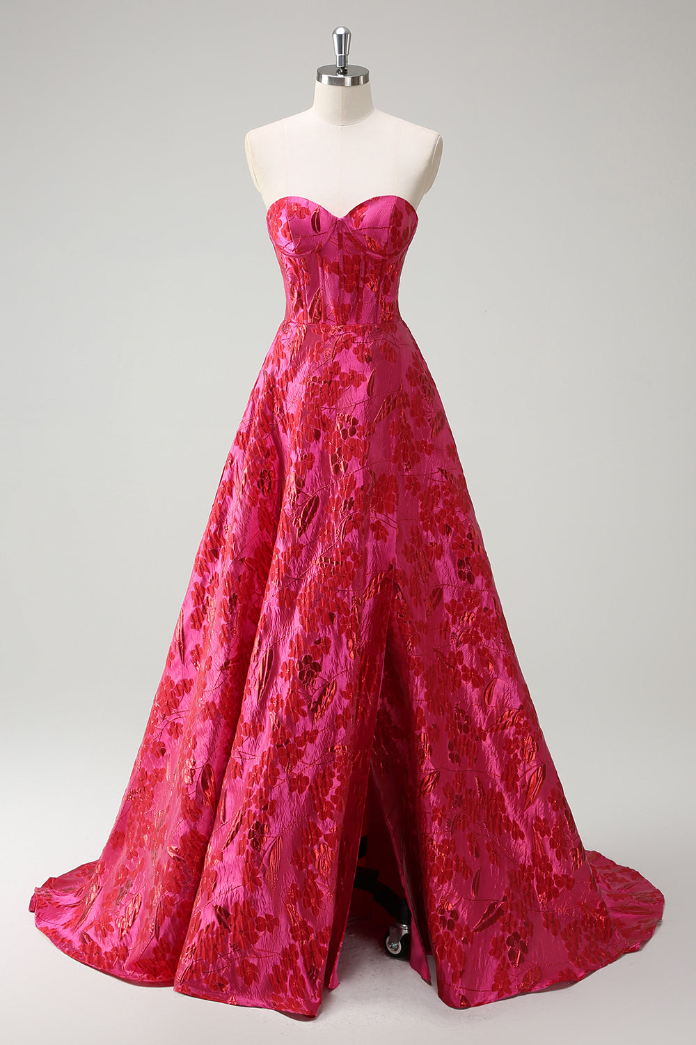 Long Strapless Fuchsia Jacquard Corset Prom Dress with Slit for Princess