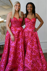 Long Strapless Fuchsia Jacquard Corset Prom Dress with Slit for Princess
