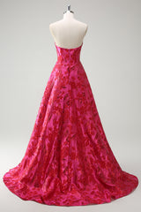 Long Strapless Fuchsia Jacquard Corset Prom Dress with Slit for Princess