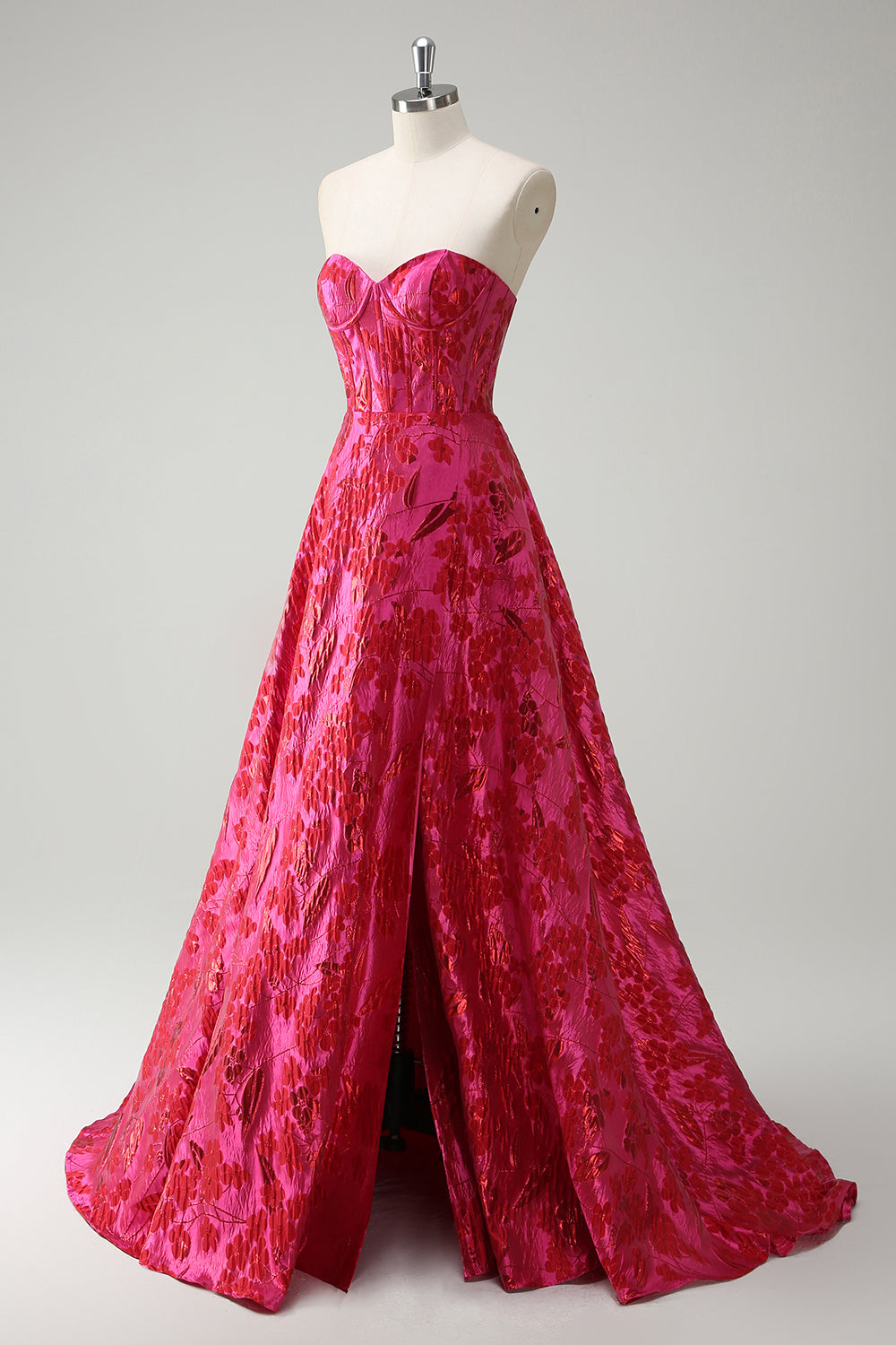 Long Strapless Fuchsia Jacquard Corset Prom Dress with Slit for Princess