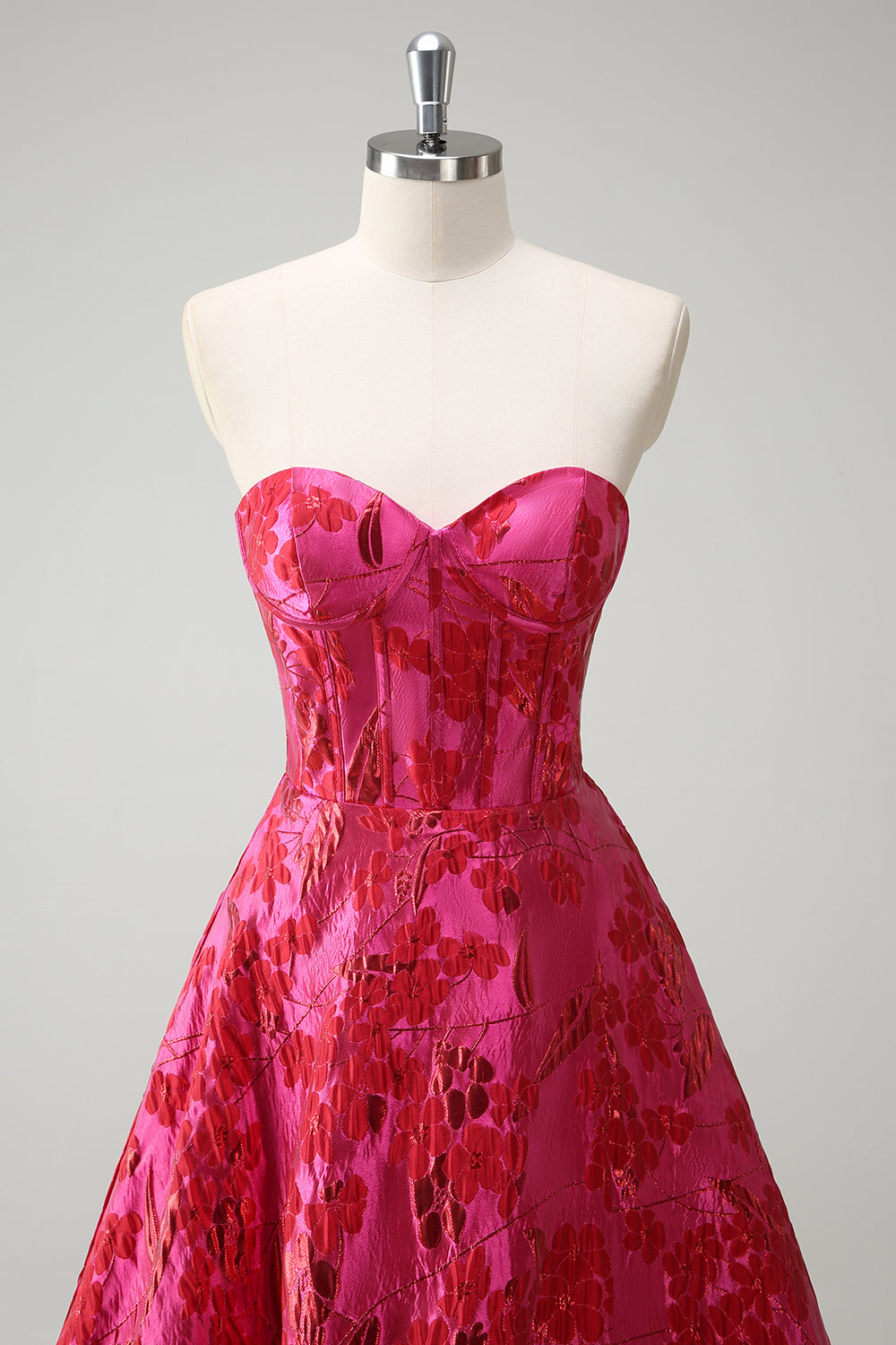 Long Strapless Fuchsia Jacquard Corset Prom Dress with Slit for Princess
