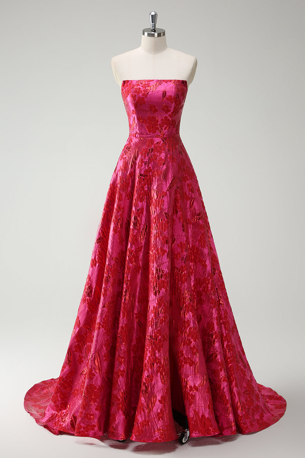 Long A-Line Prom Dress in Fuchsia with Floral Jacquard Strapless