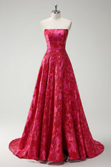 Long Strapless Princess Prom Dress in Floral Jacquard Fuchsia