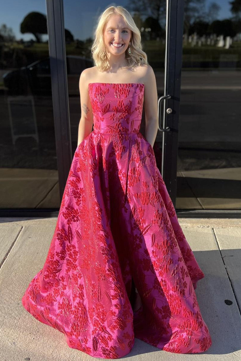 Long Strapless Princess Prom Dress in Floral Jacquard Fuchsia