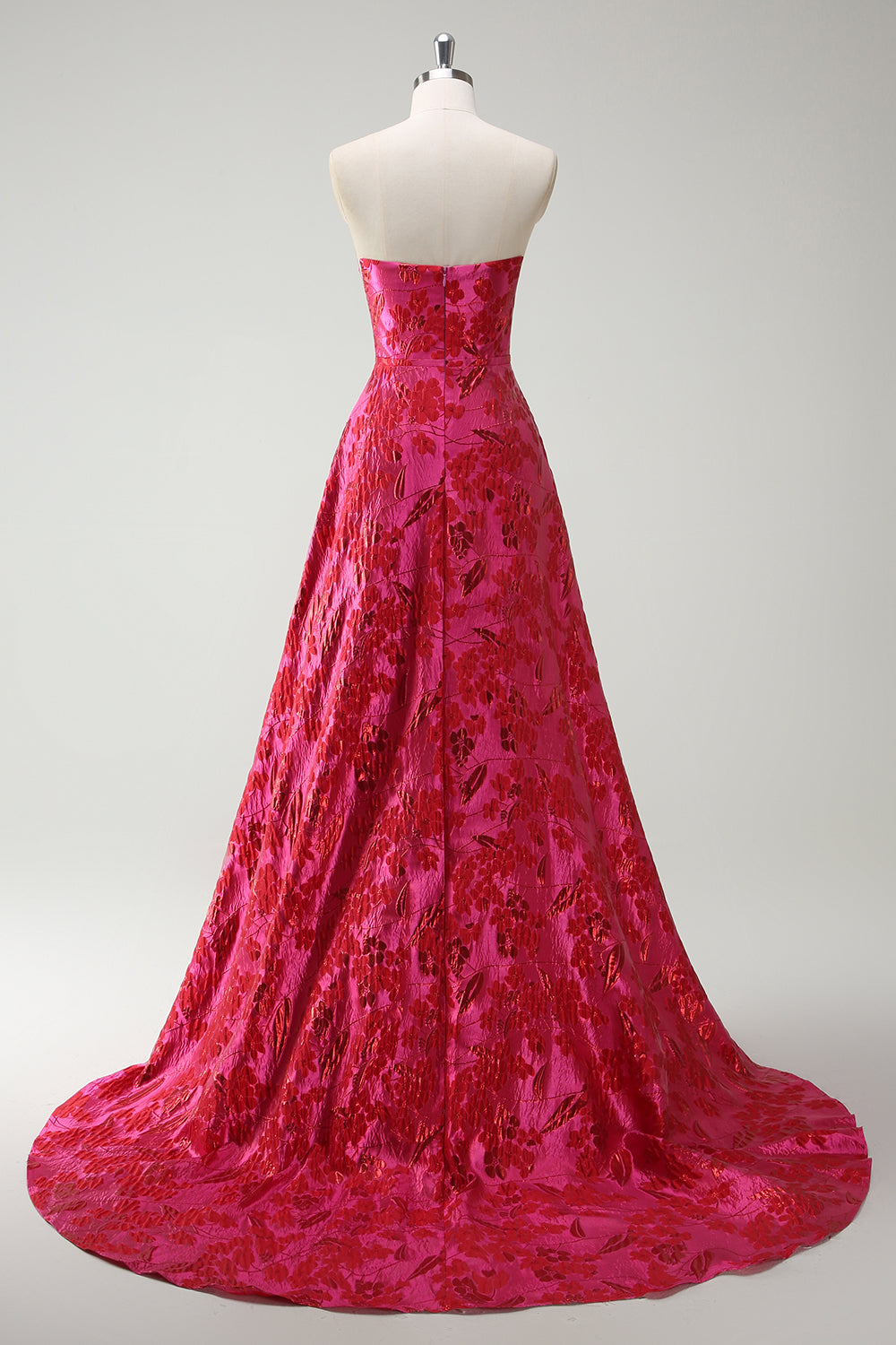 Long Strapless Princess Prom Dress in Floral Jacquard Fuchsia