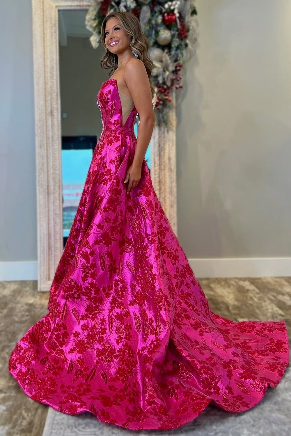 Elegant Fuchsia Floral Jacquard Princess Gown with Strapless Design
