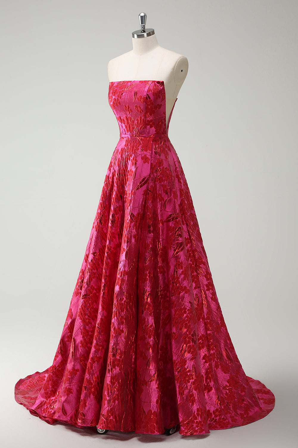 Long A-Line Prom Dress in Fuchsia with Floral Jacquard Strapless