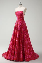Long Strapless Princess Prom Dress in Floral Jacquard Fuchsia