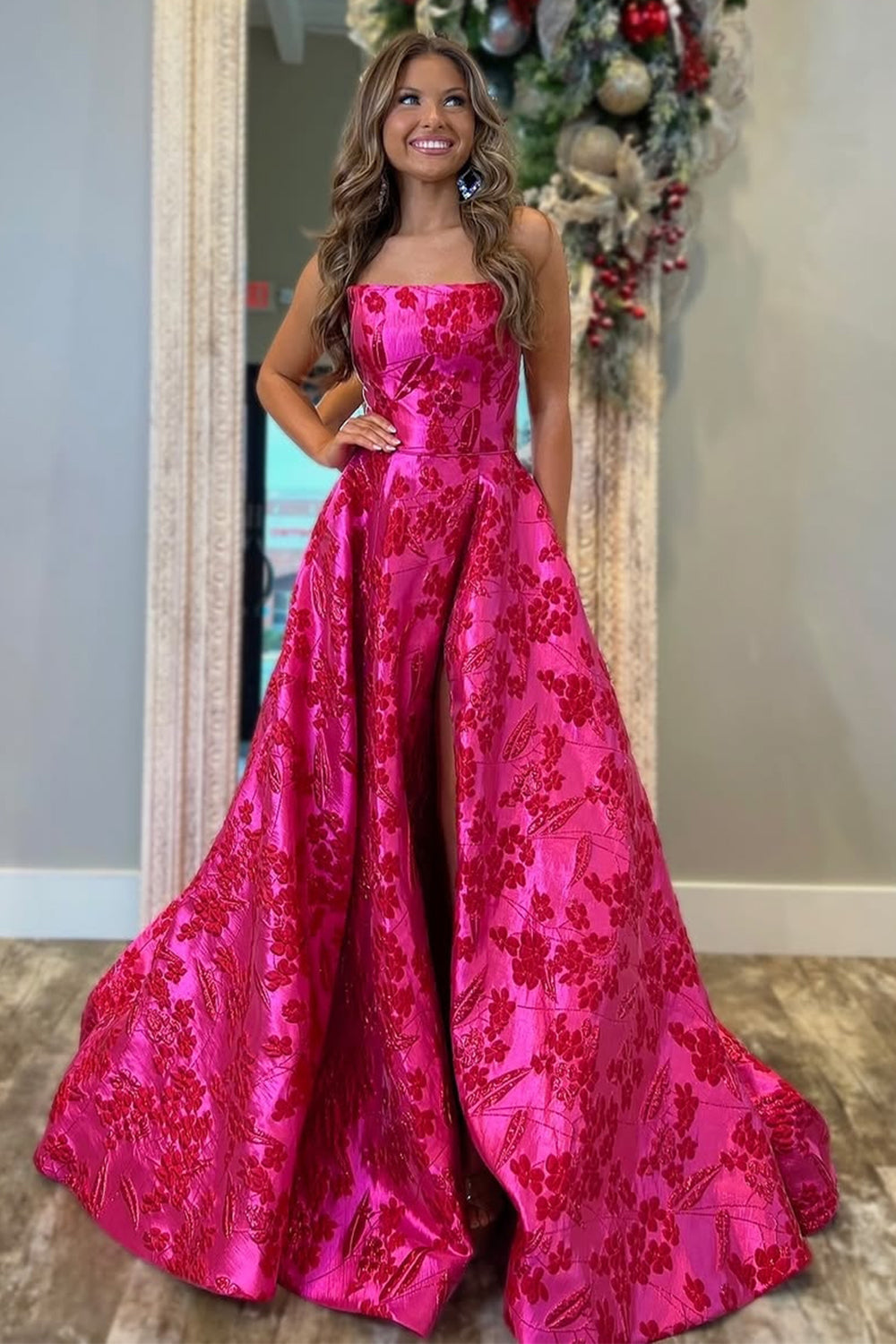 Elegant Fuchsia Floral Jacquard Princess Gown with Strapless Design