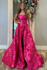 Elegant Fuchsia Floral Jacquard Princess Gown with Strapless Design