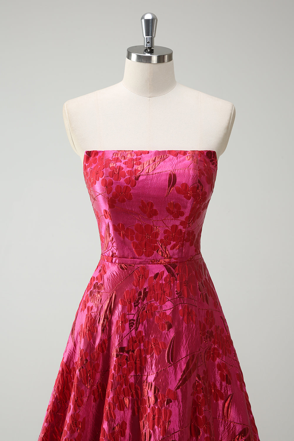 Long Strapless Princess Prom Dress in Floral Jacquard Fuchsia