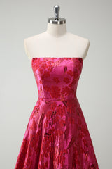 Long Strapless Princess Prom Dress in Floral Jacquard Fuchsia
