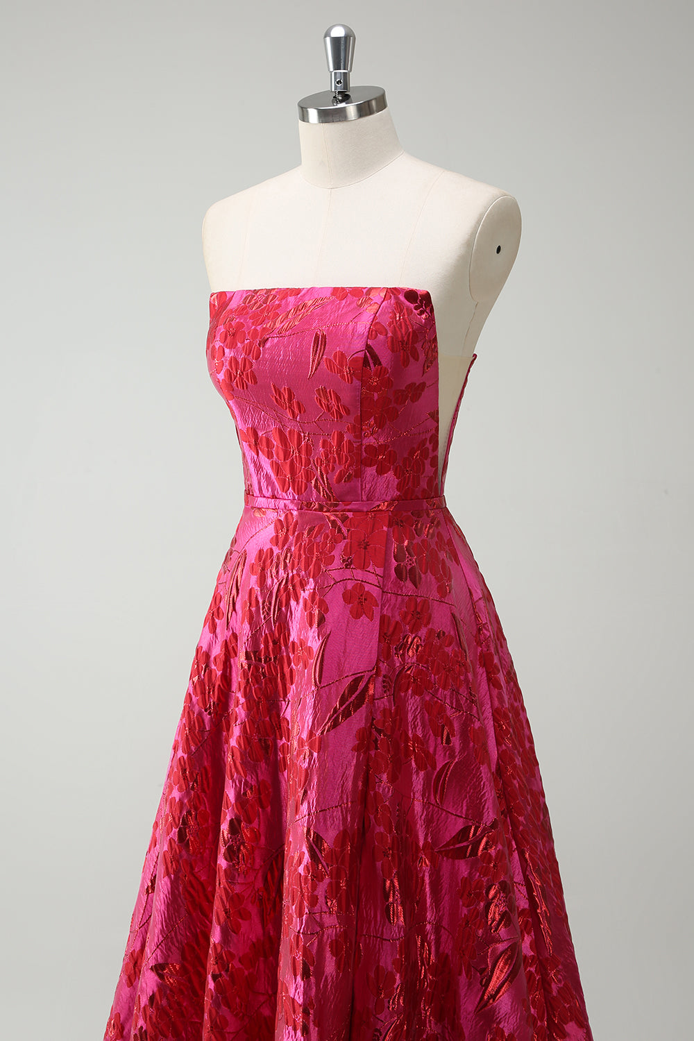 Long A-Line Prom Dress in Fuchsia with Floral Jacquard Strapless