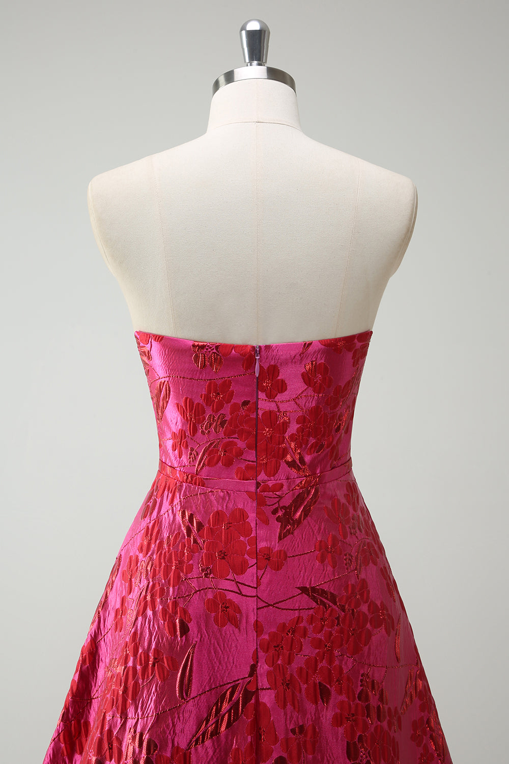 Long A-Line Prom Dress in Fuchsia with Floral Jacquard Strapless