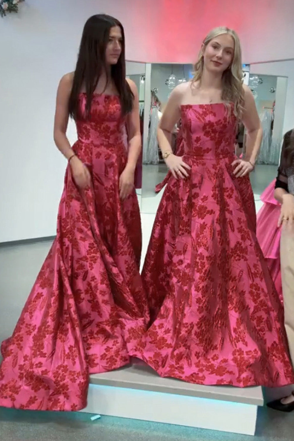 Long A-Line Prom Dress in Fuchsia with Floral Jacquard Strapless