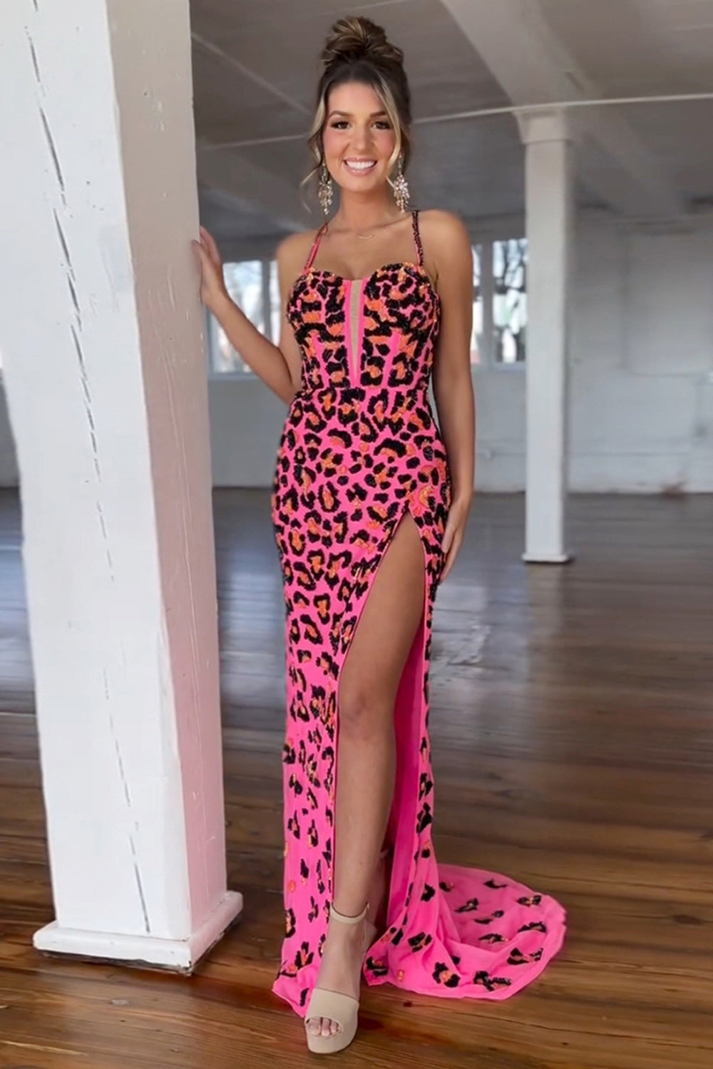 Fuchsia Leopard Print Sparkly Corset Dress with Spaghetti Straps and Mermaid Hem for Prom