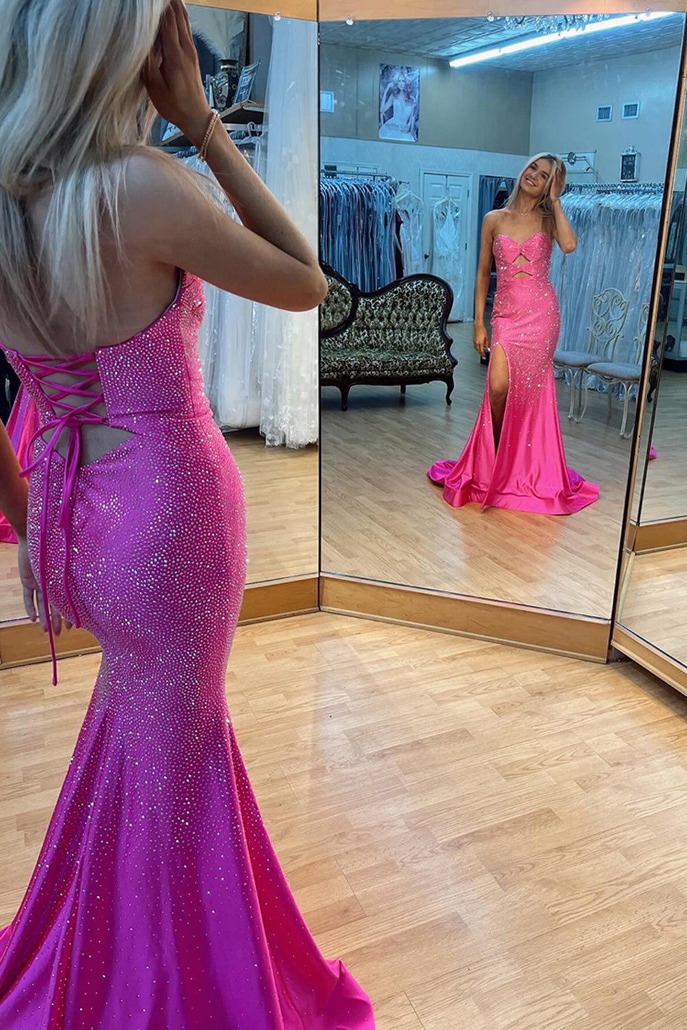 Long Strapless Prom Dress in Fuchsia with Sparkly Beads Cut-out Detail and Slit