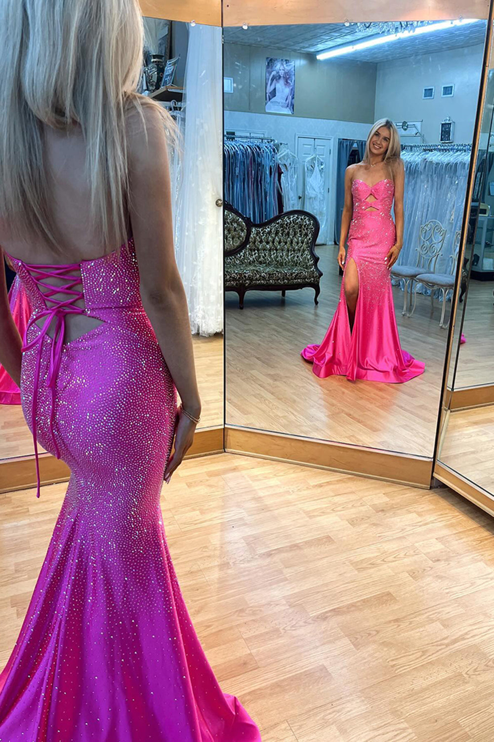 Long Strapless Prom Dress in Fuchsia with Sparkly Beads Cut-out Detail and Slit