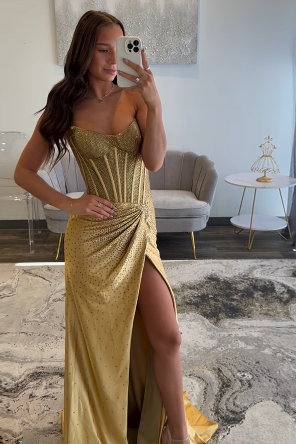 Long Beaded Prom Dress with Sparkly Golden Strapless Corset and Slit