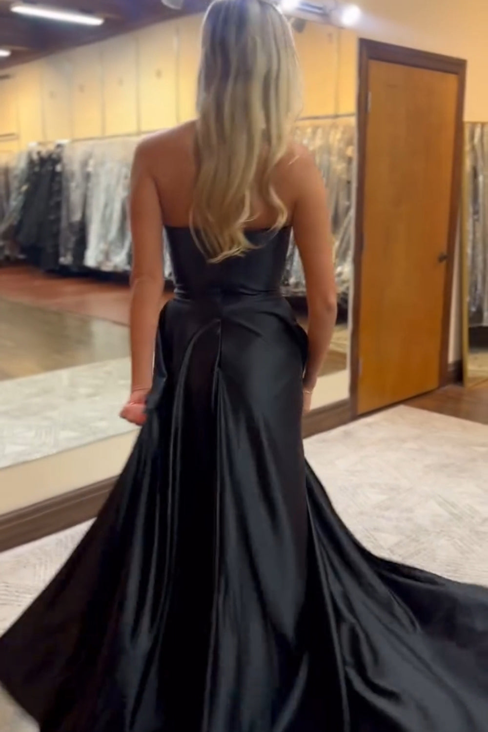 Long Black Prom Dress in Sweetheart Satin with Ruched Sheath and Slit