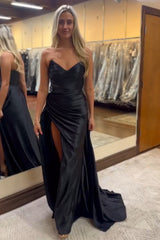 Long Black Prom Dress in Sweetheart Satin with Ruched Sheath and Slit