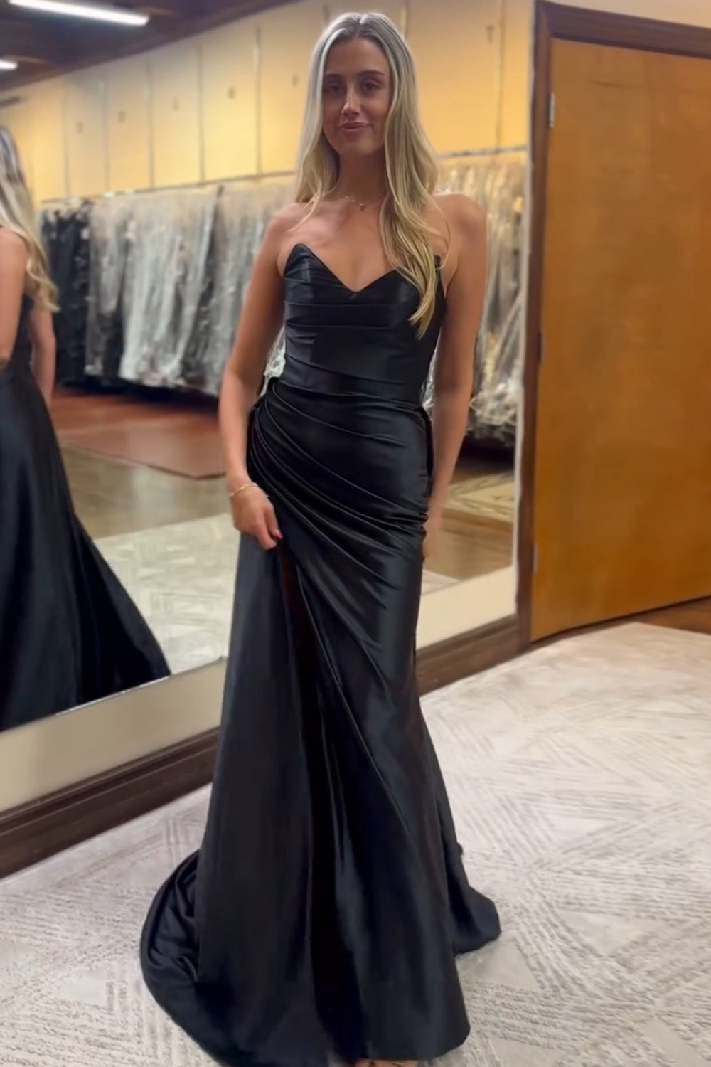 Long Black Prom Dress in Sweetheart Satin with Ruched Sheath and Slit