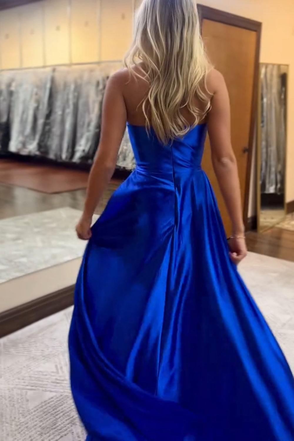 Long Black Prom Dress in Sweetheart Satin with Ruched Sheath and Slit