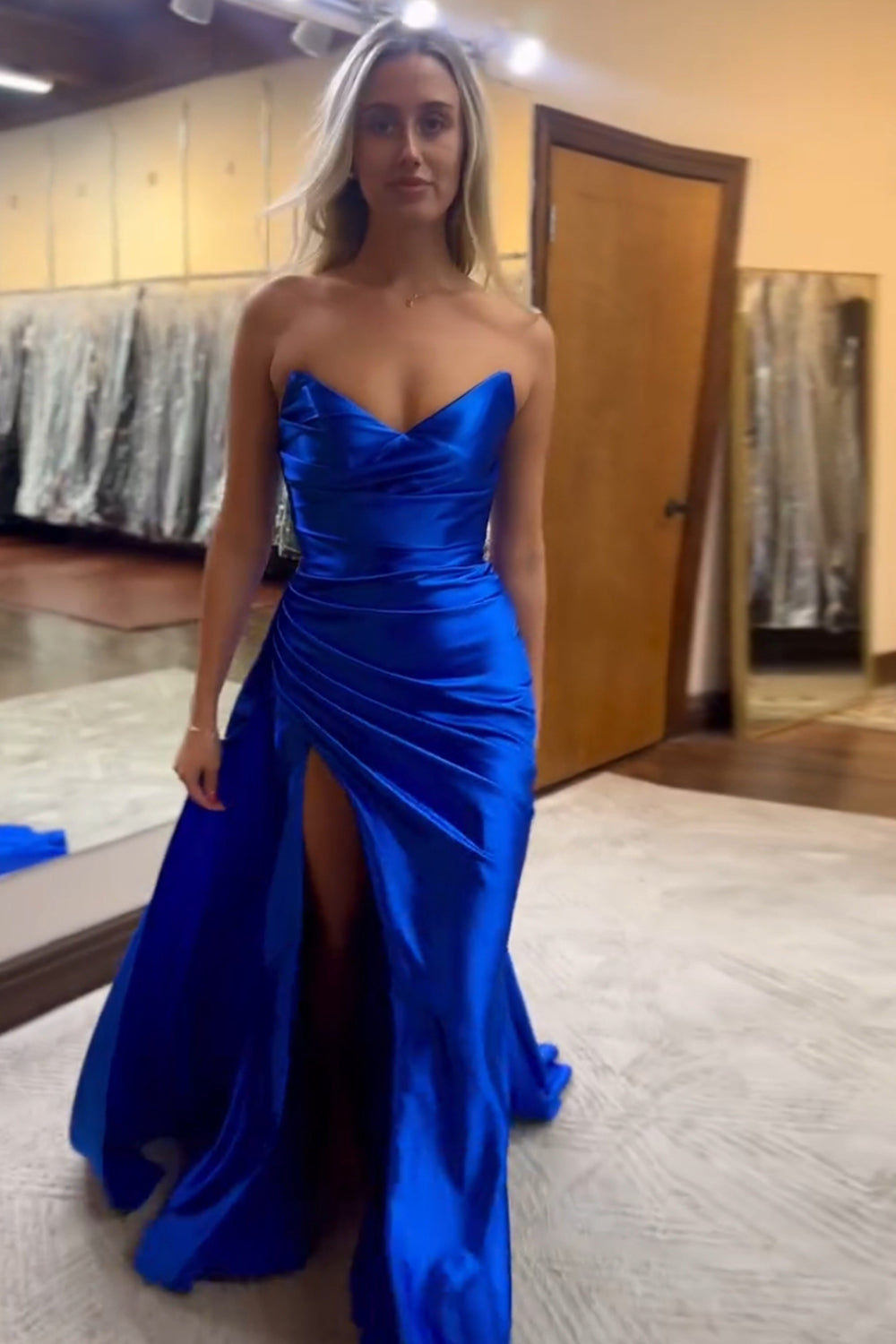Long Black Prom Dress in Sweetheart Satin with Ruched Sheath and Slit