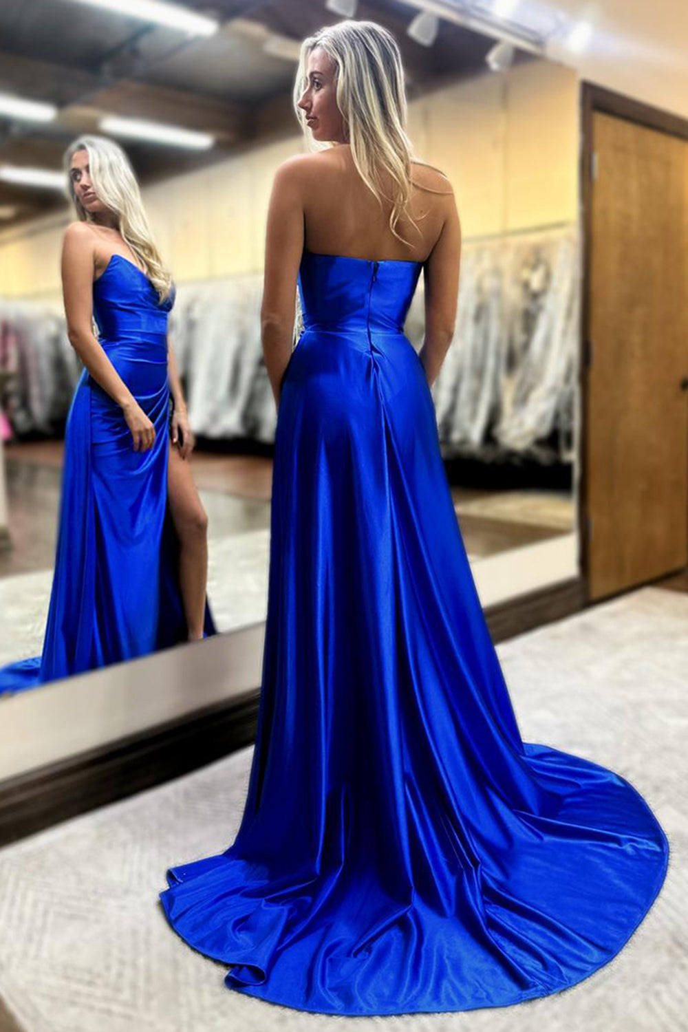 Long Black Prom Dress in Sweetheart Satin with Ruched Sheath and Slit