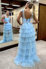 Princess Long Prom Dress in Blue with Spaghetti Straps Tulle Tiered Design and Slit