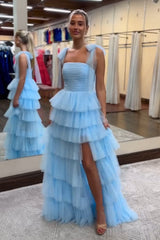 Princess Long Prom Dress in Blue with Spaghetti Straps Tulle Tiered Design and Slit
