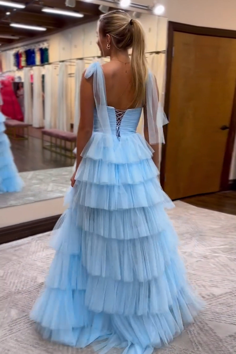 Princess Long Prom Dress in Blue with Spaghetti Straps Tulle Tiered Design and Slit