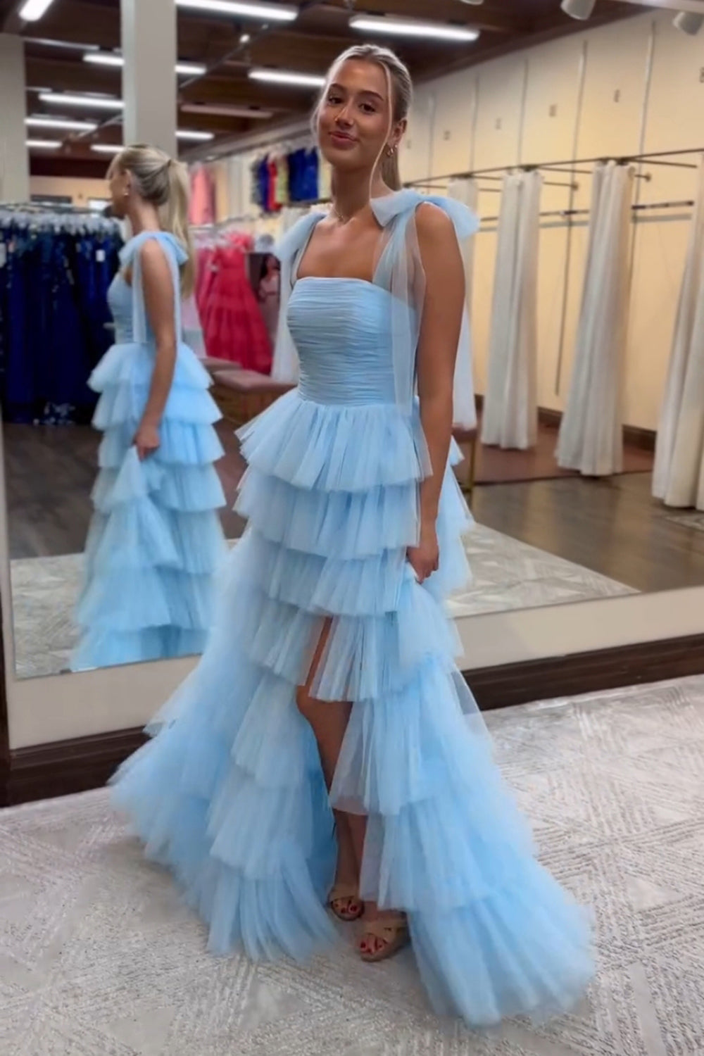 Princess Long Prom Dress in Blue with Spaghetti Straps Tulle Tiered Design and Slit