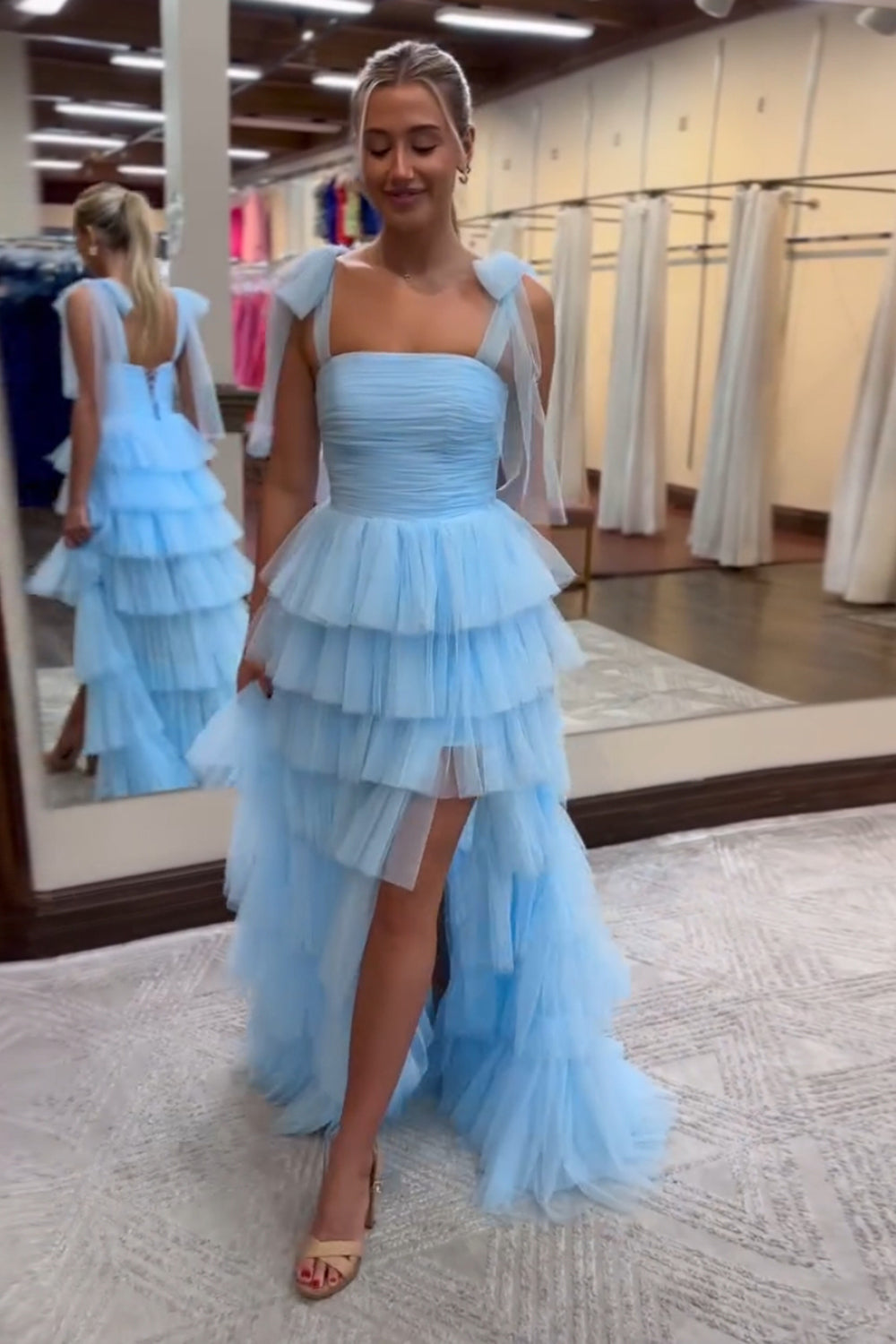 Princess Long Prom Dress in Blue with Spaghetti Straps Tulle Tiered Design and Slit