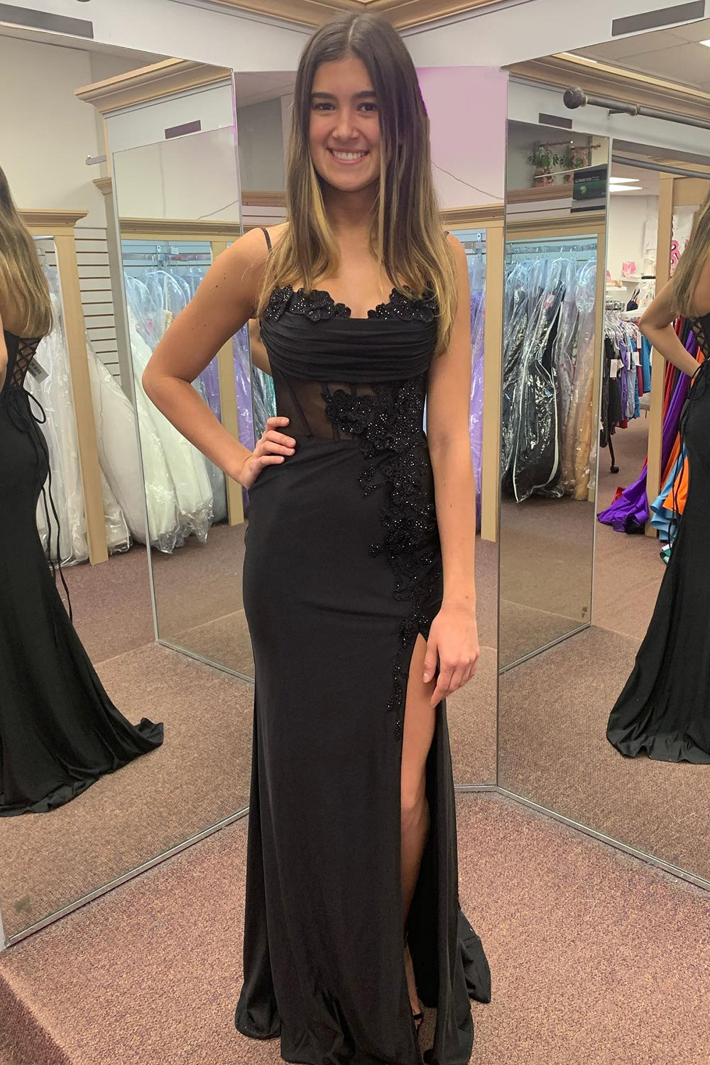Long Black Satin Prom Dress with Spaghetti Straps Mermaid Cut Applique and Slit