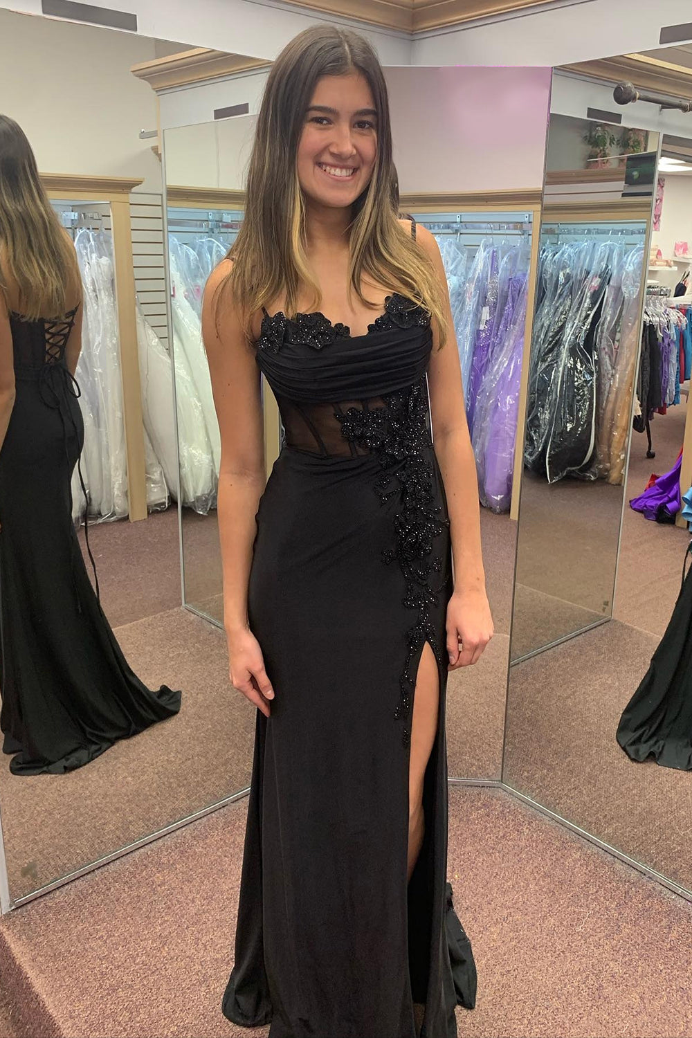 Long Black Satin Prom Dress with Spaghetti Straps Mermaid Cut Applique and Slit