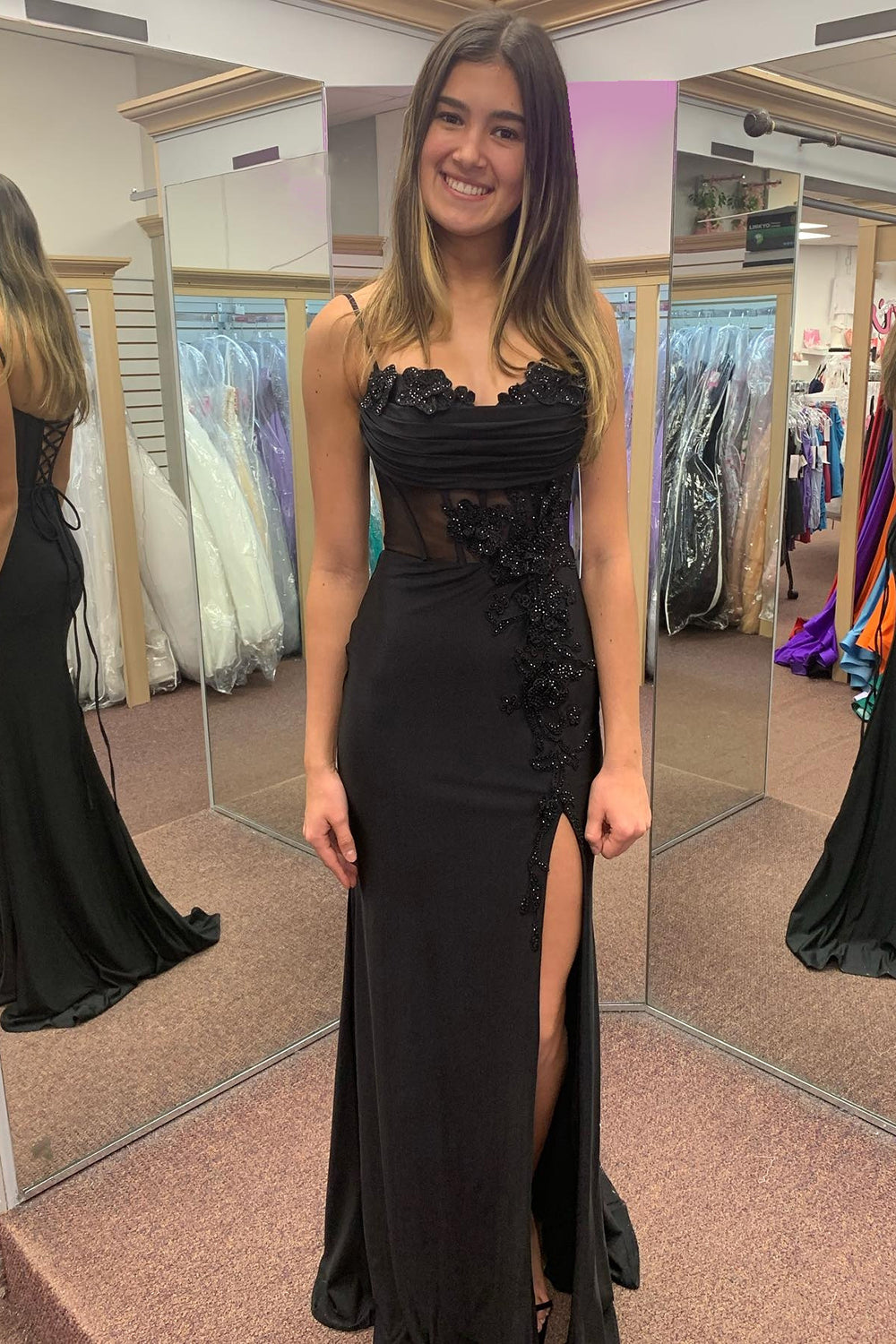Long Black Satin Prom Dress with Spaghetti Straps Mermaid Cut Applique and Slit