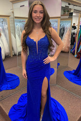 Long Red Corset Prom Dress with Beaded Applique and Spaghetti Straps Featuring a Slit