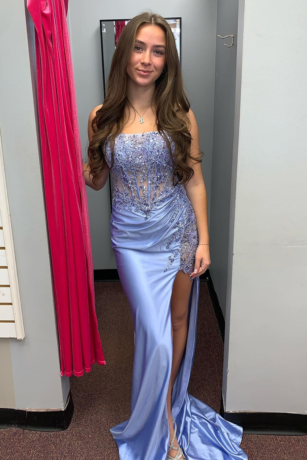 Long Strapless Satin Mermaid Prom Dress in Grey Blue with Applique and Slit Corset