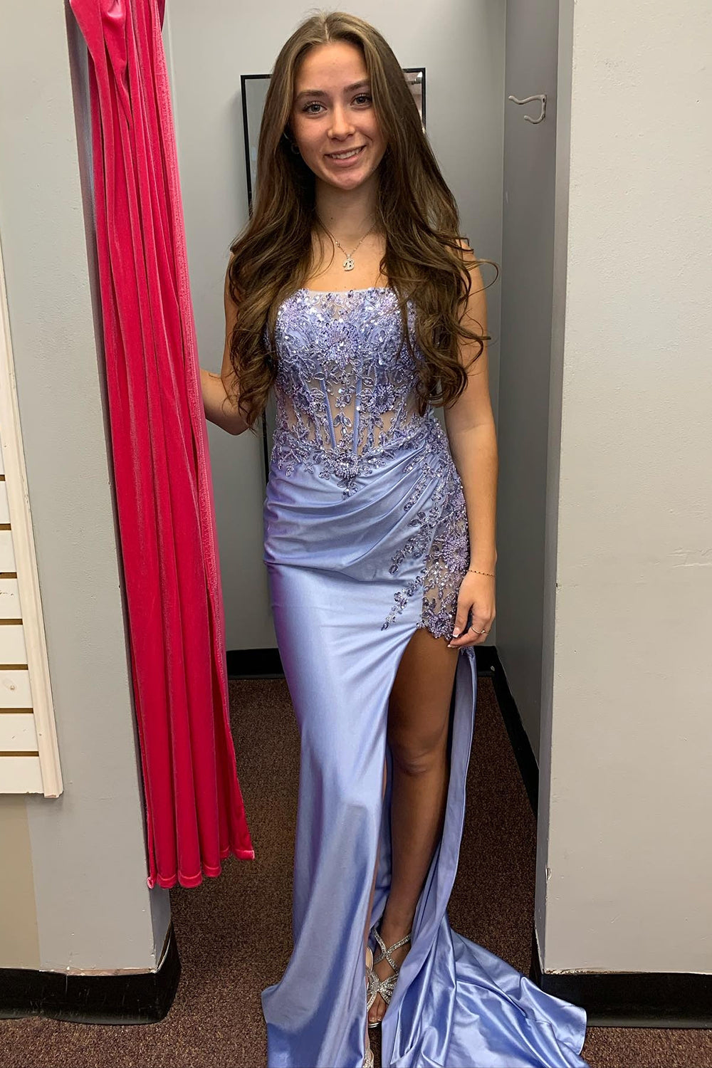 Long Strapless Satin Mermaid Prom Dress in Grey Blue with Applique and Slit Corset