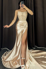 Long Satin Mermaid Corset Prom Dress in Golden with Strapless Design and Applique Slit