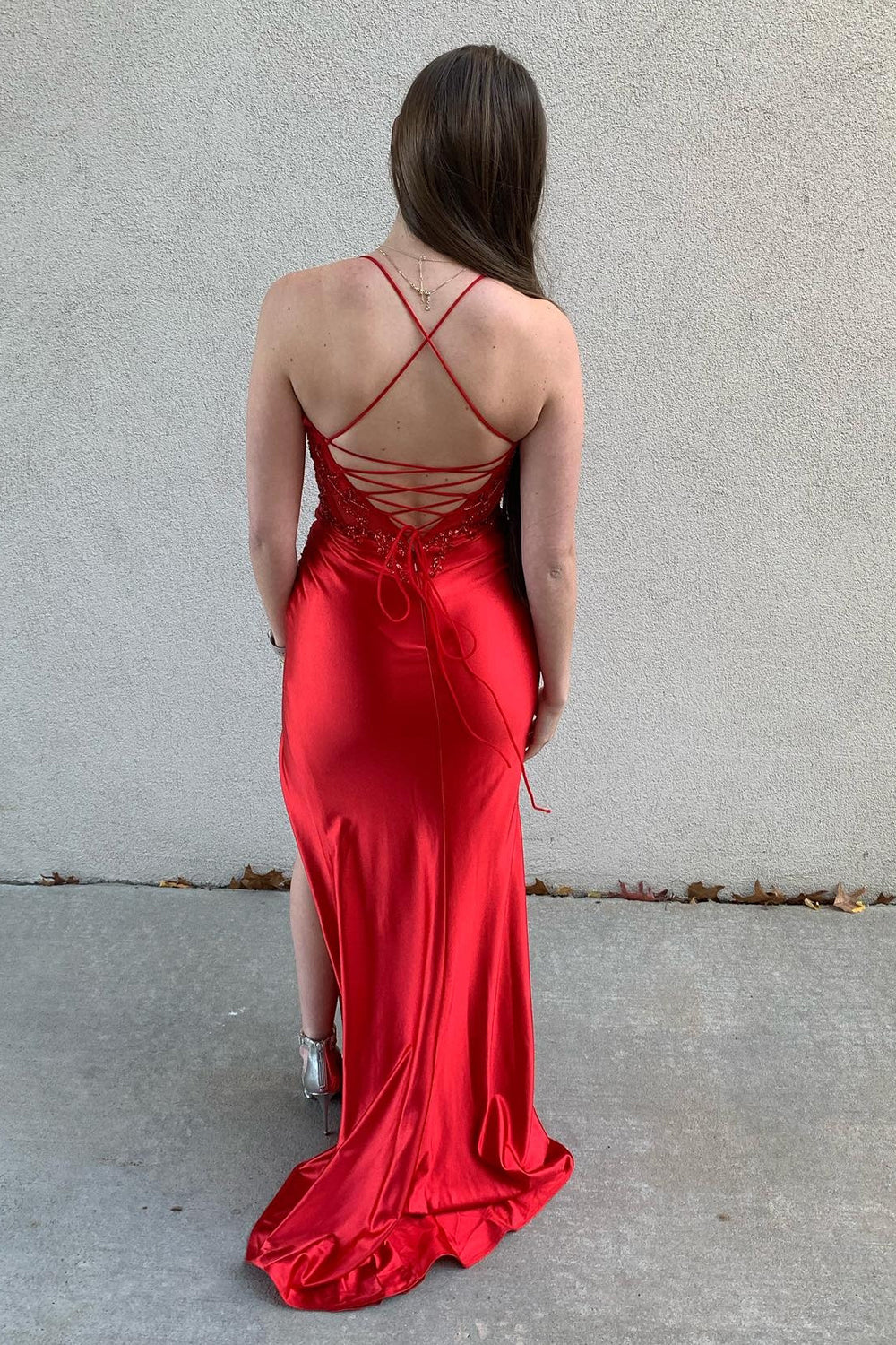 Satin Mermaid Corset Prom Dress with Red Glitter Beading and Spaghetti Straps