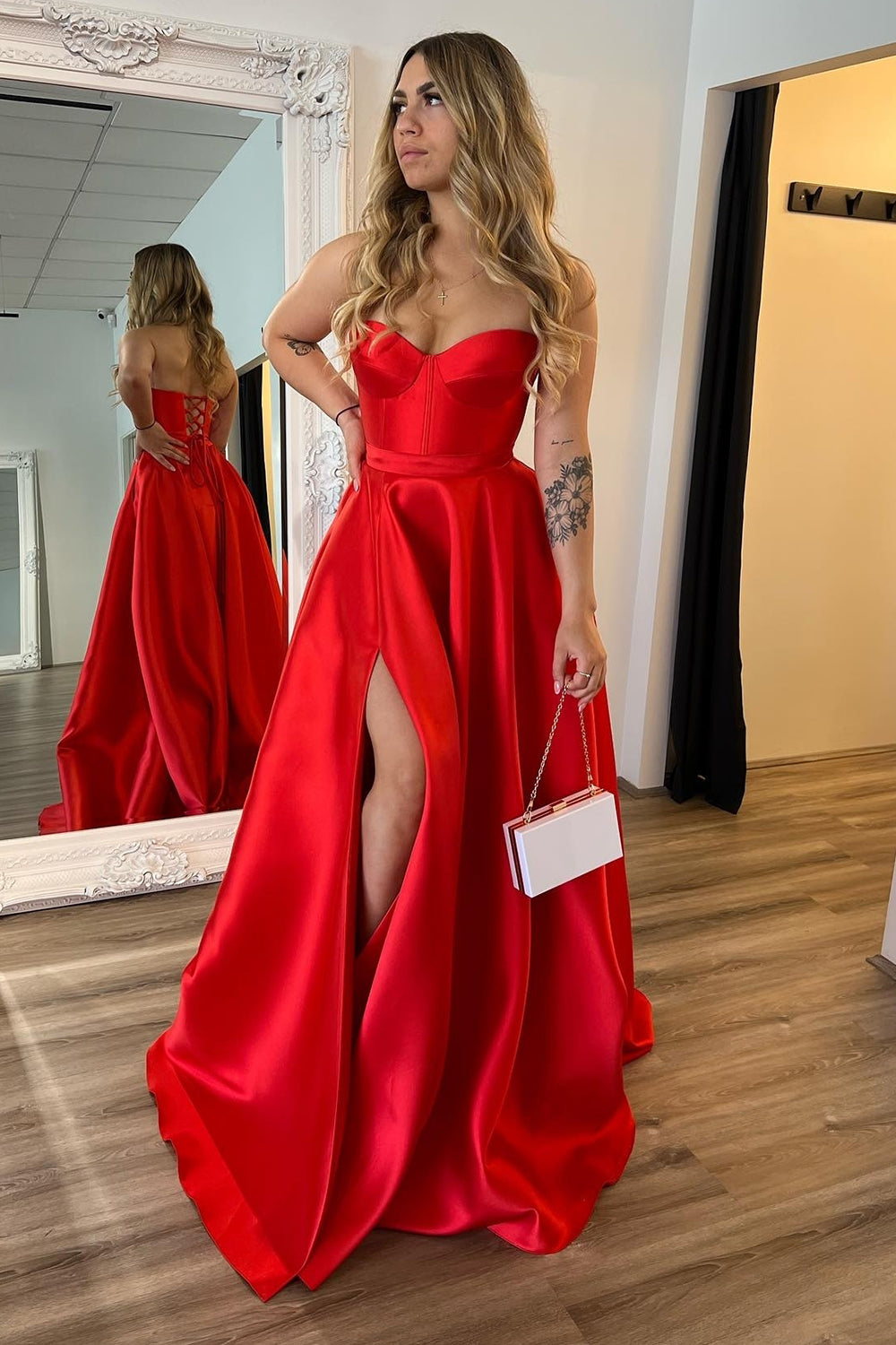 Elegant Red Sweetheart Satin A-Line Long Corset Prom Gown with Slit