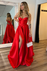 Elegant Red Sweetheart Satin A-Line Long Corset Prom Gown with Slit