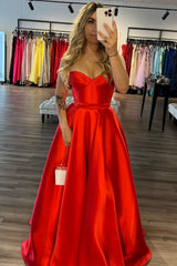 Elegant Red Sweetheart Satin A-Line Long Corset Prom Gown with Slit