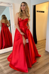 Elegant Red Sweetheart Satin A-Line Long Corset Prom Gown with Slit