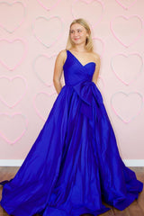 Princess Satin Long Prom Dress in Royal Blue with One Shoulder and Bow
