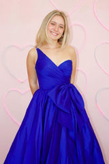 Princess Satin Long Prom Dress in Royal Blue with One Shoulder and Bow