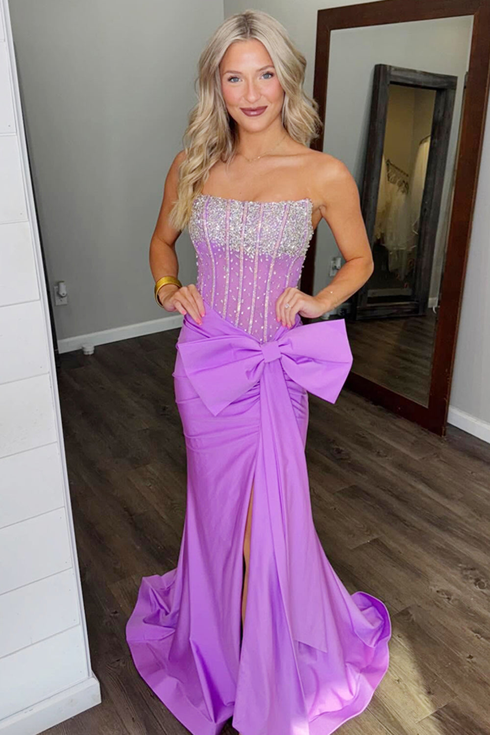 Blue Glitter Strapless Long Corset Prom Dress in Satin with Beaded Bow Sheath